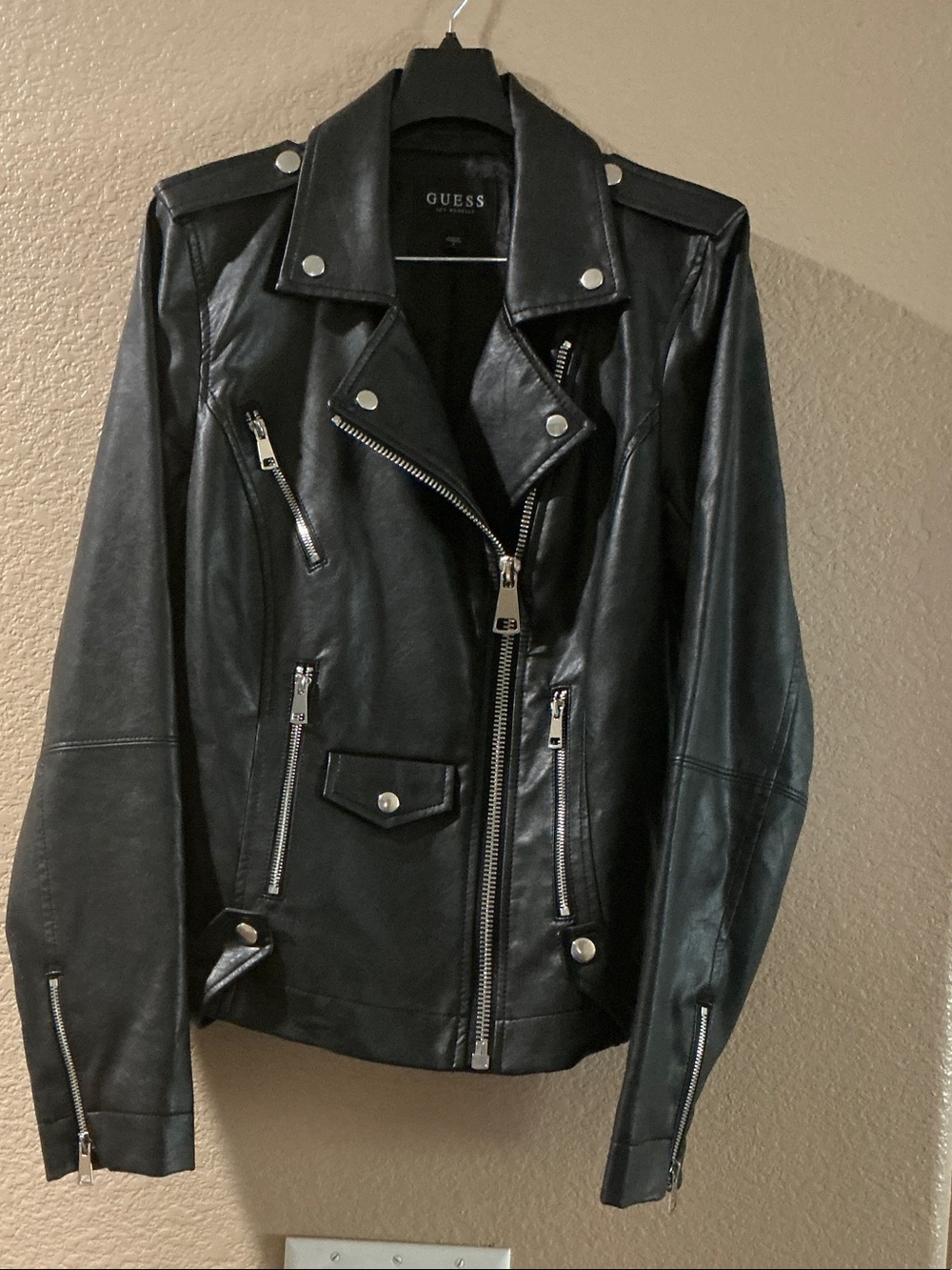 GUESS Black Leather Asymmetrical Moto Jacket with Silver Hardware